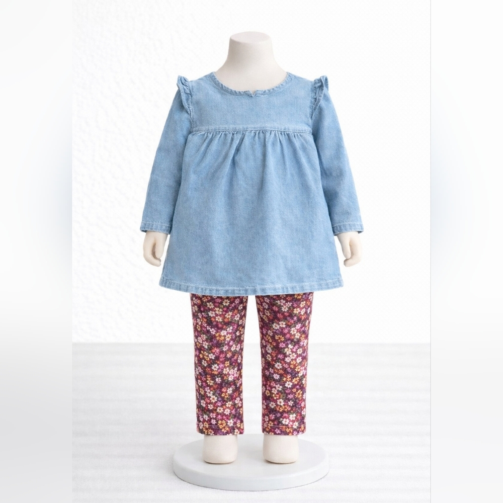 Blue Denim Top and Floral Leggings Set 4T